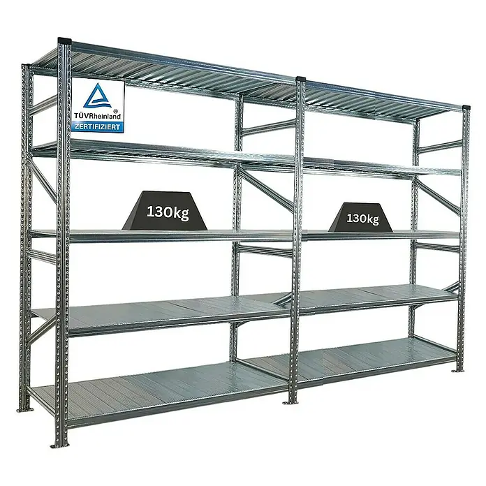 Proregal Metallregal Fachbodenregal PROXIMO 1x Grundregal + 1x Anbauregal - Traglast pro Boden: 130 kg, Anzahl Böden: 5 Stk., Stecken, Verzinkt - Regalsystem mit vier Regalebenen, belastbar mit 130 kg. Ideal für Lagerung und Organisation.
