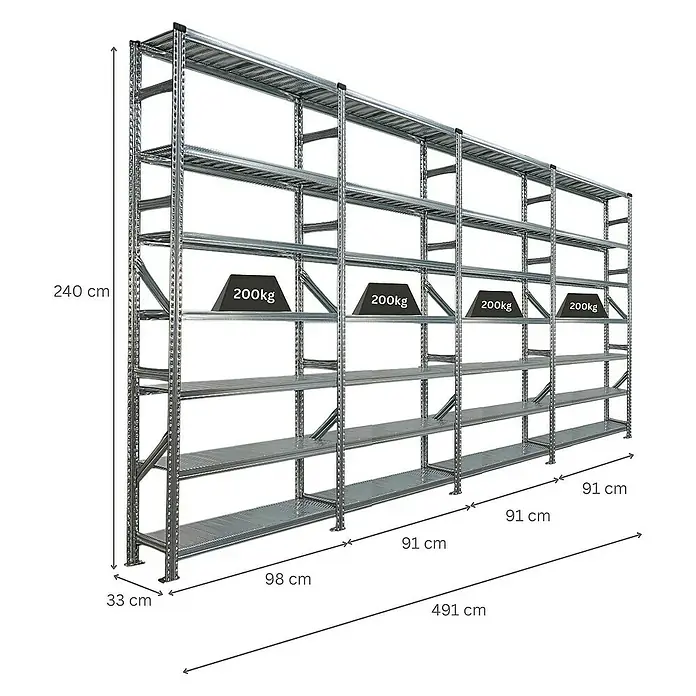 Proregal Metallregal Fachbodenregal PROXIMO 1x Grundregal + 3x Anbauregal - H x B x T: 240 x 120 x 32 cm, Traglast pro Boden: 200 kg, Anzahl Böden: 7 Stk., Stecken, Verzinkt - Regalsystem aus Metall mit mehreren Ebenen und Gewichtsangaben zur Darstellung der Tragfähigkeit.