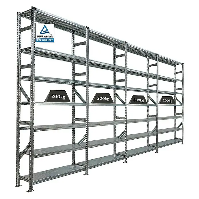 Proregal Metallregal Fachbodenregal PROXIMO 1x Grundregal + 3x Anbauregal - H x B x T: 240 x 120 x 32 cm, Traglast pro Boden: 200 kg, Anzahl Böden: 7 Stk., Stecken, Verzinkt - Schwerlastregal mit mehreren Ebenen, zertifiziert für hohe Traglasten. Das Metallregal ist ideal für Lagerung und Organisation.
