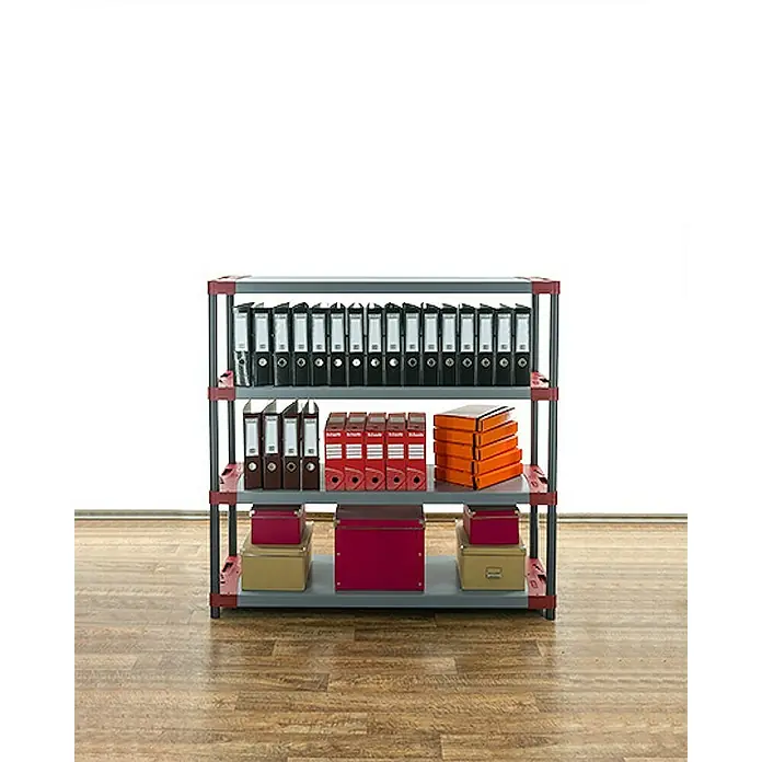 Proregal Kunststoffregal BIG GREY BEAR - Traglast pro Boden: 120 kg, Anzahl Böden: 4 Stk., Stecken, Grau-Rot - Bild eines Regals mit Ordnern und Aufbewahrungsboxen, ideal für Büro oder Arbeitszimmer.\n
