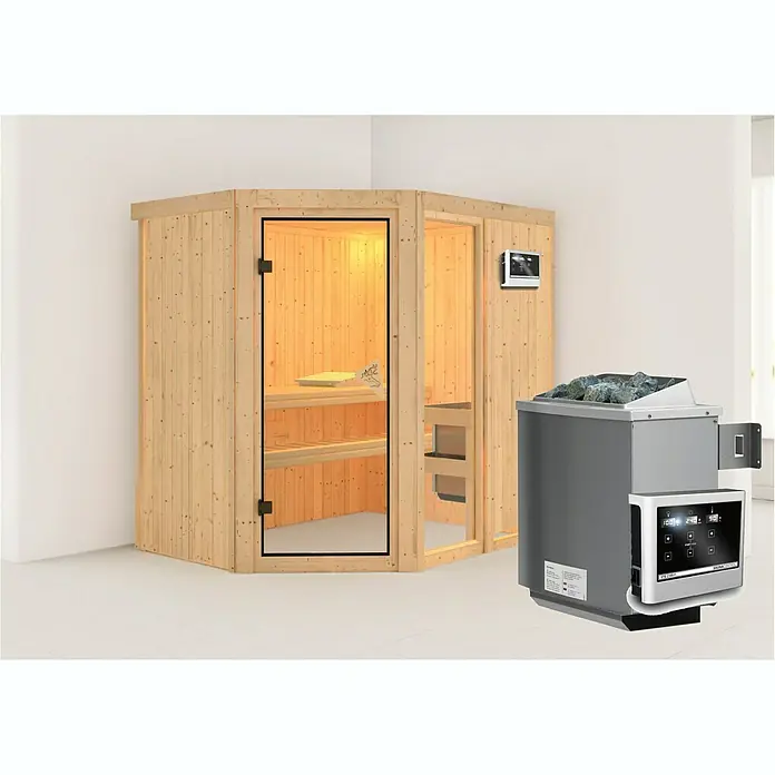 Karibu Elementsauna Fiona - Mit 9 kW Ofen mit externer Steuerung, Ohne Dachkranz, L x B x H: 196 x 151 x 192 cm - Abbildung einer Ecksauna aus hellem Holz mit Glastür und einem Saunaofen mit Steinen. Perfekt für entspannende Momente.