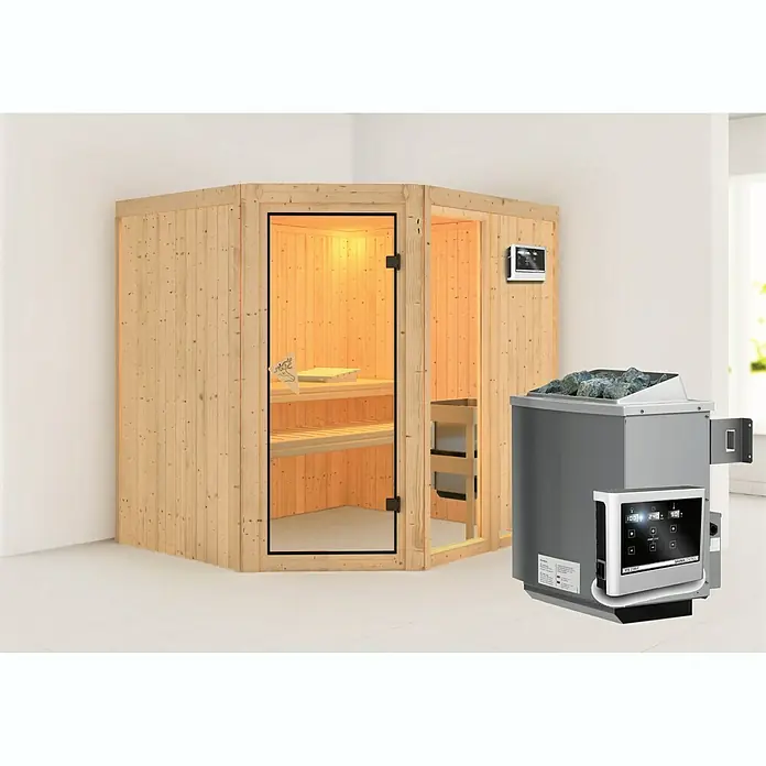 Karibu Elementsauna Fiona - Mit 9 kW Ofen mit externer Steuerung, Ohne Dachkranz, L x B x H: 196 x 170 x 192 cm - Eine Sauna-Kabine mit einem Ofen. Die Kabine ist aus hellem Holz und hat eine Glastür. Der Ofen ist grau und hat einen digitalen Bildschirm.