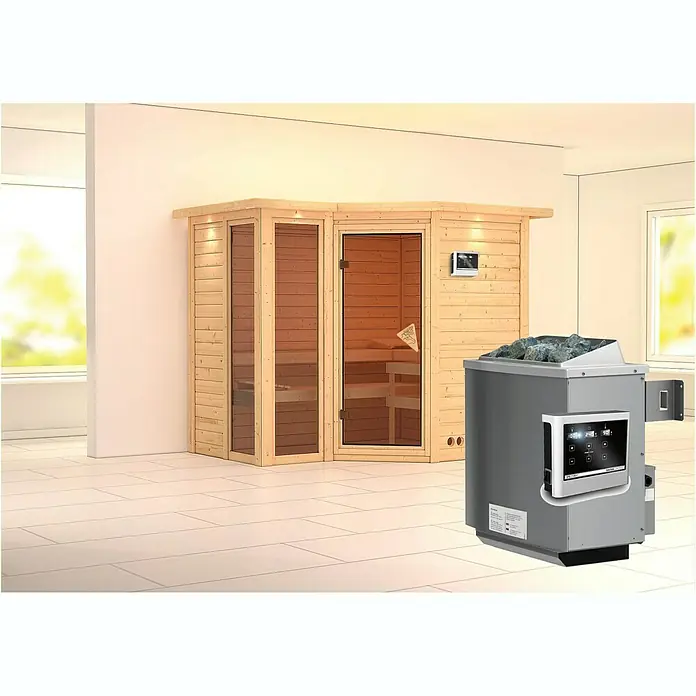Karibu Massivholzsauna Amara - Mit 9 kW Ofen mit externer Steuerung, Mit Dachkranz und Beleuchtung, L x B x H: 264 x 198 x 200 cm - Innenaufnahme einer Sauna mit Holzverkleidung und einem Saunaofen mit Steinen. Die Sauna steht auf einem hellen Fliesenboden.