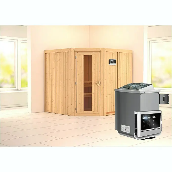 Karibu Elementsauna Jarin - Mit 9 kW Ofen mit externer Steuerung, Ohne Dachkranz, Materialspezifizierung Tür: Massivholztür, L x B x H: 196 x 196 x 192 cm - Ein luxuriöses Sauna-Erlebnis mit einer traditionellen Holzsauna und einem modernen Saunaofen, perfekt für Entspannung und Wohlbefinden.
