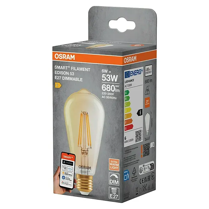 Osram Smart+ Smart-LED-Lampe Edison matter - E27, Dimmbar, Warmweiß, 680 lm, 6 W - Produktverpackung einer Osram Smart+ Filament Edison 53 E27 Dimmable Lampe mit Energieeffizienzklasse E und Smart Home Kompatibilität.
