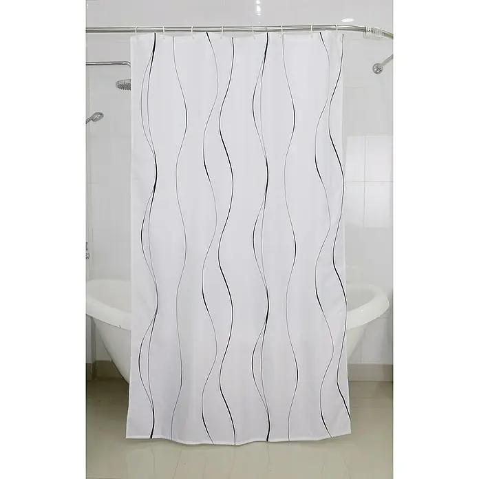 Venus Duschvorhang Schnürsenkel - B x H: 240 x 200 cm, Textil, Weiß - Duschvorhang mit geschwungenen Linien. Der weiße Duschvorhang ist mit einem modernen, abstrakten Muster in Schwarz verziert.