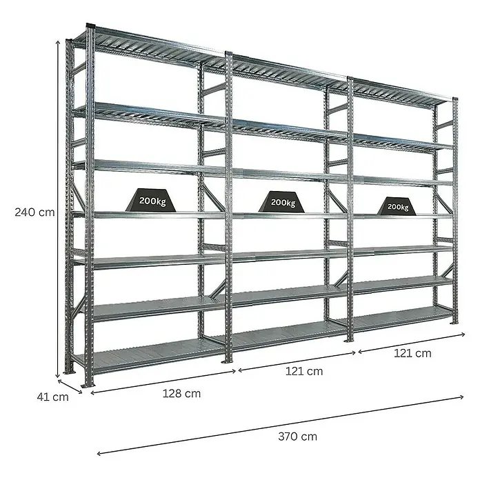 Proregal Metallregal Fachbodenregal PROXIMO 1x Grundregal + 2x Anbauregal - H x B x T: 240 x 120 x 40 cm, Traglast pro Boden: 200 kg, Anzahl Böden: 7 Stk., Stecken, Verzinkt - Regalsystem mit mehreren Ebenen und Belastungsangaben für Lagerung oder Verkaufsräume.