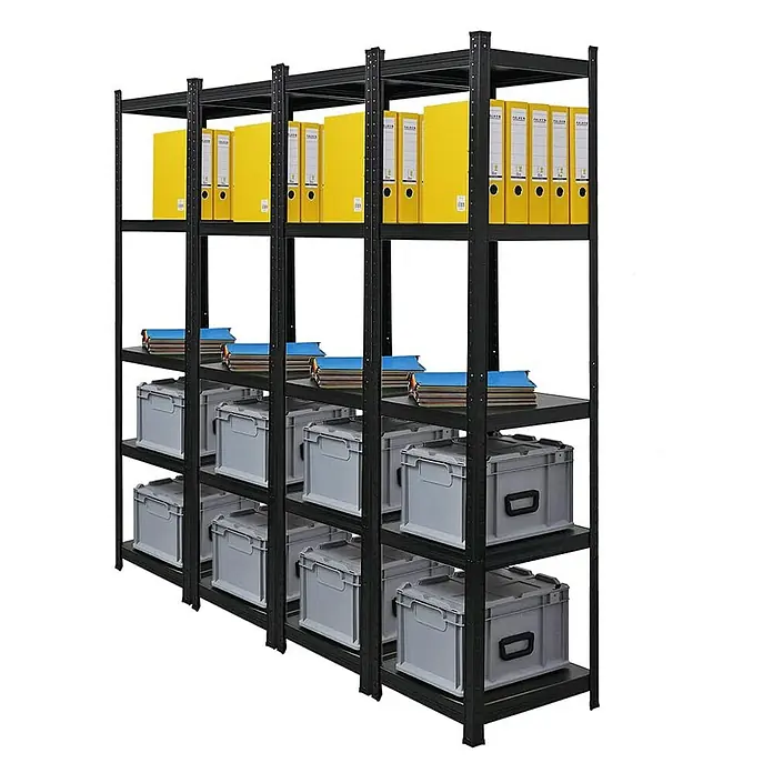 Proregal Metallregal Wohnregal Mega Deal Ragnar - Traglast pro Boden: 100 kg, Anzahl Böden: 4 Stk., Stecken, Schwarz - Schwarzes Metallregal mit gelben Ordnern, Büchern und grauen Boxen für die Büroorganisation.
