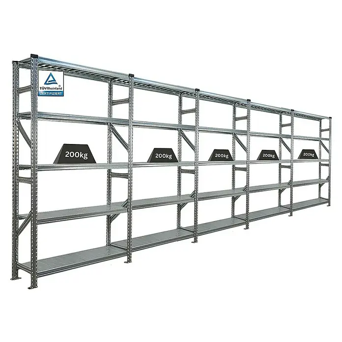 Proregal Metallregal Fachbodenregal PROXIMO 1x Grundregal + 4x Anbauregal - Traglast pro Boden: 200 kg, Anzahl Böden: 5 Stk., Stecken, Verzinkt - Regal mit mehreren Ebenen und Gewichtsangaben, zertifiziert, robust für Lagerzwecke.