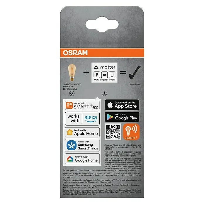 Osram Smart+ Smart-LED-Lampe Edison matter - E27, Dimmbar, Warmweiß, 680 lm, 6 W - Packungsrückseite der smarten OSRAM Edison 53 E27 Glühbirne mit Matter-Kompatibilität und App-Steuerung.