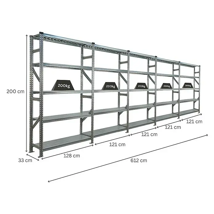Proregal Metallregal Fachbodenregal PROXIMO 1x Grundregal + 4x Anbauregal - Traglast pro Boden: 200 kg, Anzahl Böden: 5 Stk., Stecken, Verzinkt - Ansicht eines silbernen, modularen Schwerlastregals mit den Maßen 200 x 612 x 33 cm, das für eine hohe Belastbarkeit ausgelegt ist.