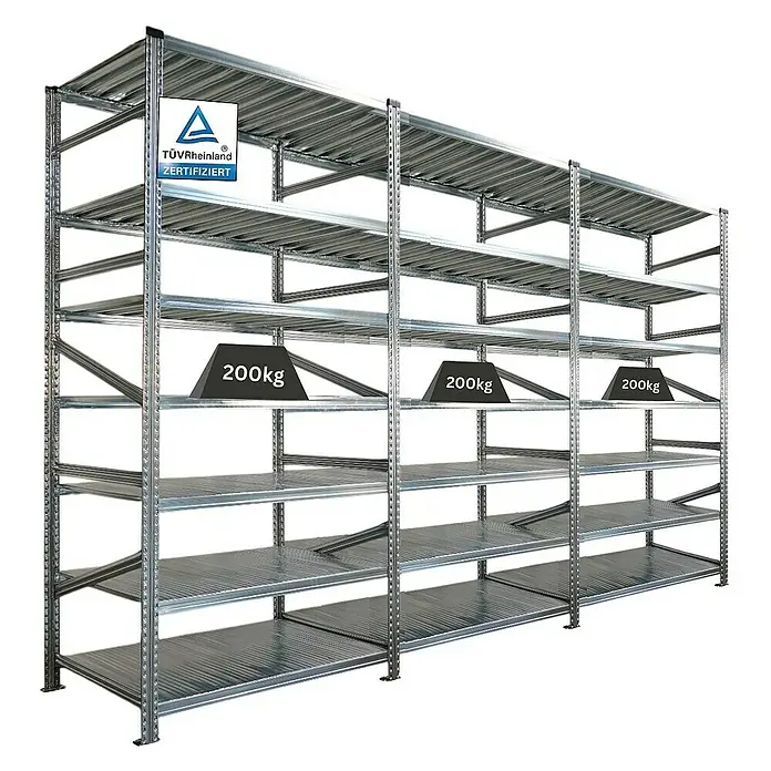 Proregal Metallregal Fachbodenregal PROXIMO 1x Grundregal + 2x Anbauregal - Traglast pro Boden: 200 kg, Anzahl Böden: 7 Stk., Stecken, Verzinkt - Abbildung eines Schwerlastregals aus Metall mit mehreren Ebenen zur Lagerung verschiedener Gegenstände.