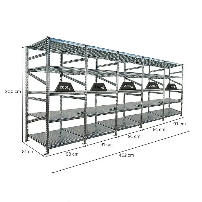 Proregal Metallregal Fachbodenregal PROXIMO 1x Grundregal + 4x Anbauregal - Traglast pro Boden: 200 kg, Anzahl Böden: 5 Stk., Stecken, Verzinkt - Metallregal mit fünf Ebenen und Gewichtsangaben für jede Ebene, ideal für Lagerung und Organisation.
