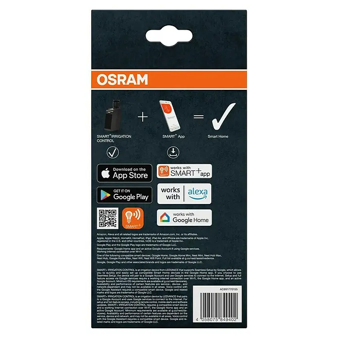Osram Smart+ Bewässerungssteuerung - Batteriebetrieben, Passend für: Bewässerungssteuerung, Smart Home System, 1 & ¾ Zoll Wasserhahn - Produktverpackung von OSRAM SMART+ Irrigation Control mit App-Integration und Smart Home-Kompatibilität.