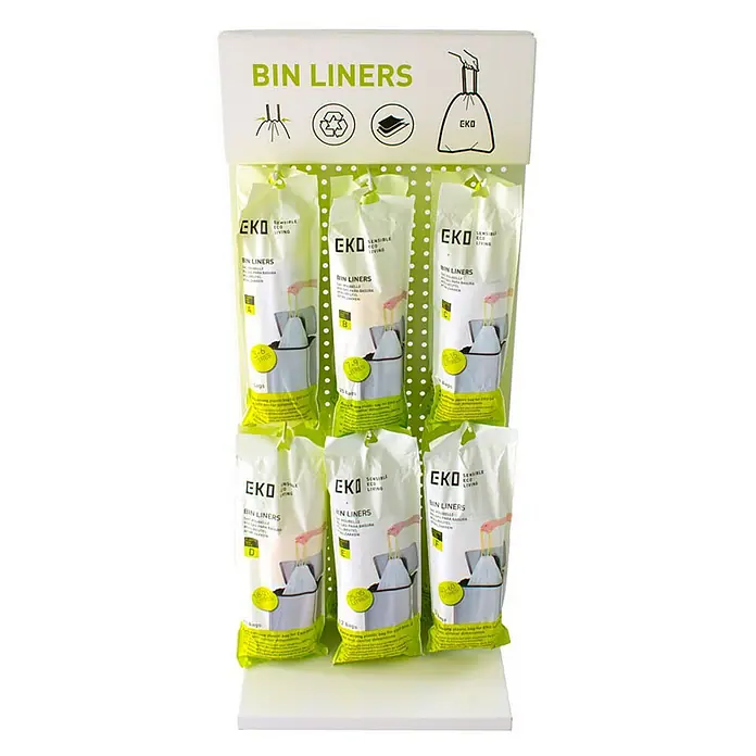 Proregal Müllbeutel Extra starke perfekt passende Abfallbeutel mit Zuggurt - 6 l, 720 Stk., Weiß - Eine Nahaufnahme eines Displays mit verschiedenen Größen von EKO-Müllbeuteln, die in Plastik verpackt und zum Verkauf angeboten werden.
