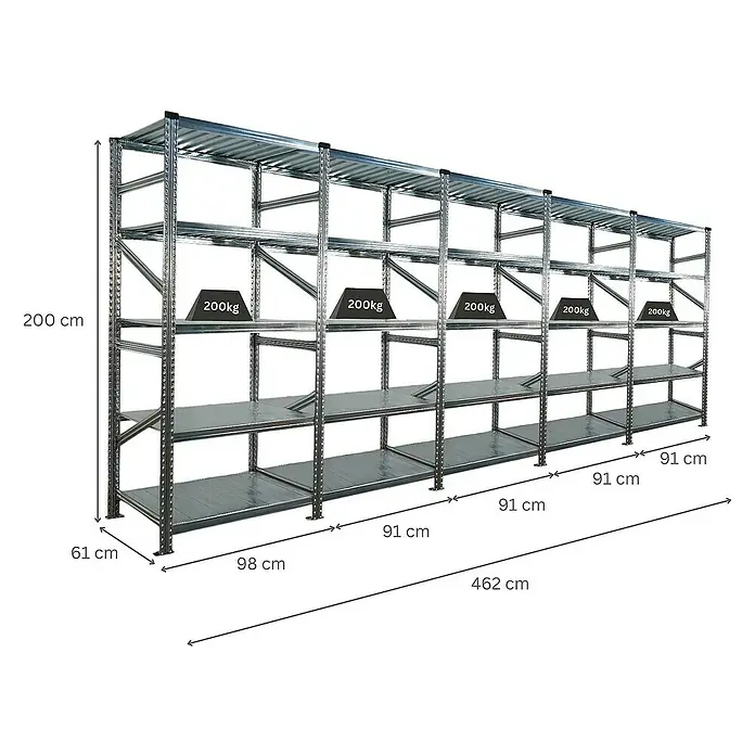 Proregal Metallregal Fachbodenregal PROXIMO 1x Grundregal + 4x Anbauregal - Traglast pro Boden: 200 kg, Anzahl Böden: 5 Stk., Stecken, Verzinkt - Regalsystem mit mehreren Ebenen und Gewichtsangaben, ideal für Lagerung und Organisation.