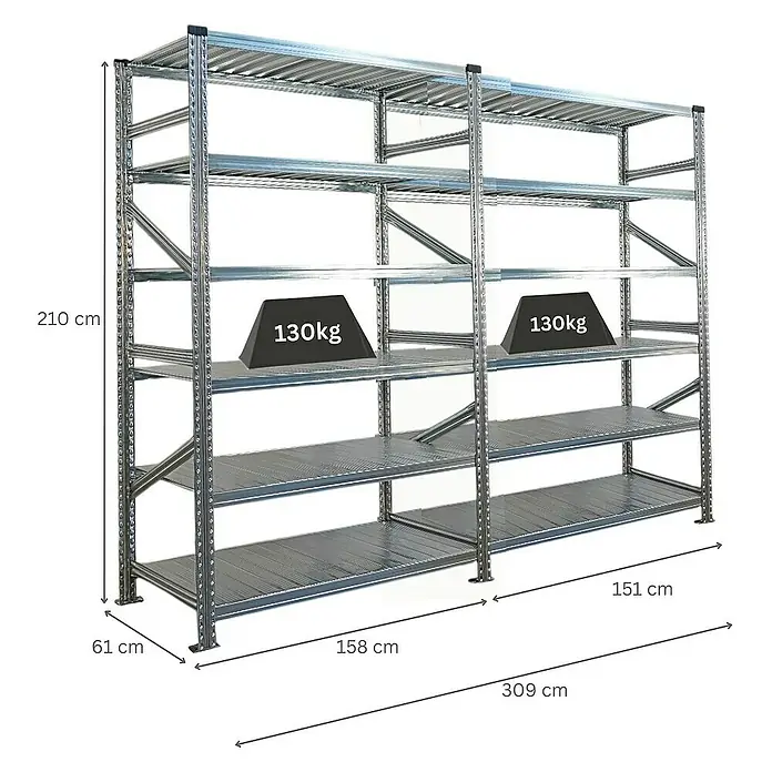 Proregal Metallregal Fachbodenregal PROXIMO 1x Grundregal + 1x Anbauregal - Traglast pro Boden: 200 kg, Anzahl Böden: 6 Stk., Stecken, Verzinkt - Metallregal mit mehreren Ebenen zur Lagerung von Gegenständen, robust und langlebig.