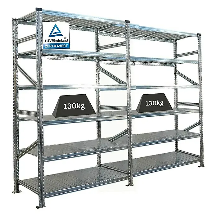 Proregal Metallregal Fachbodenregal PROXIMO 1x Grundregal + 1x Anbauregal - Traglast pro Boden: 200 kg, Anzahl Böden: 6 Stk., Stecken, Verzinkt - Zwei Regale, jeweils mit 130kg Gewicht auf einer Ebene, zertifiziert von TÜV Rheinland.