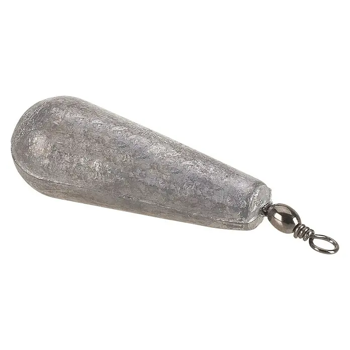 Westline Birnenblei - 10 g, 4 Stk., Mit Wirbel - Nahaufnahme eines tropfenförmigen Angelbleis mit Wirbel und Ring zur Befestigung an der Angelschnur.
