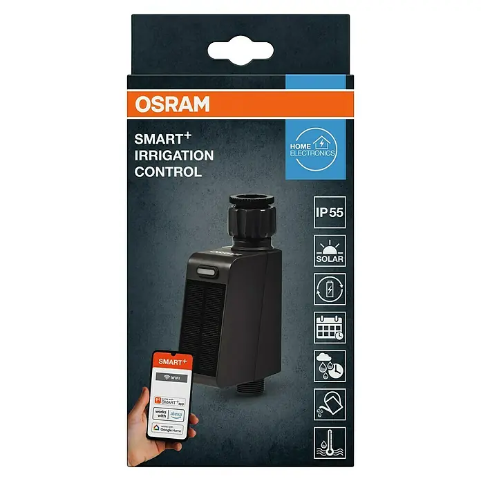 Osram Smart+ Bewässerungssteuerung - Batteriebetrieben, Passend für: Bewässerungssteuerung, Smart Home System, 1 & ¾ Zoll Wasserhahn - Verpackung des OSRAM SMART+ Bewässerungssteuerungssystems.