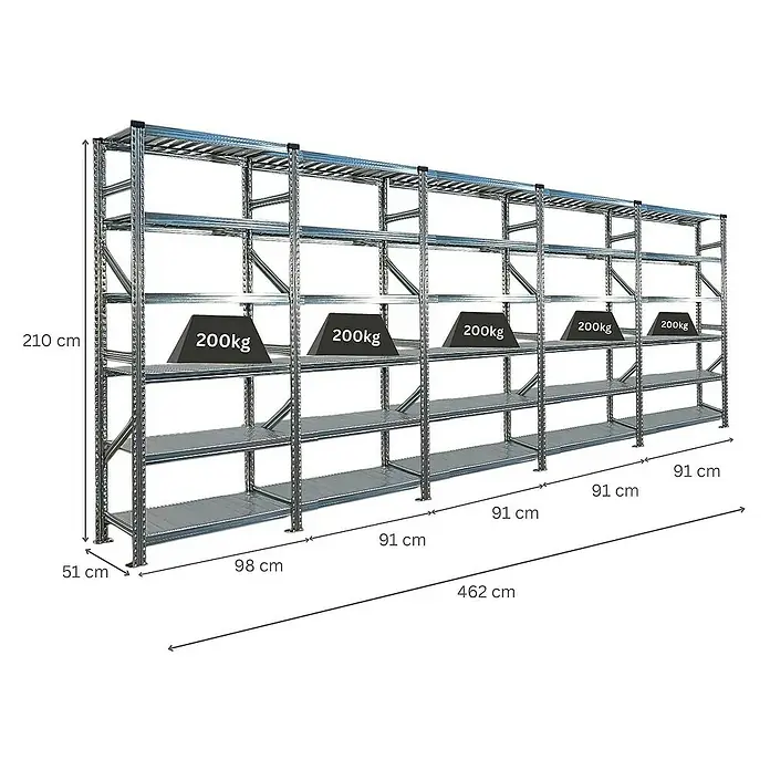 Proregal Metallregal Fachbodenregal PROXIMO 1x Grundregal + 4x Anbauregal - Traglast pro Boden: 200 kg, Anzahl Böden: 6 Stk., Stecken, Verzinkt - Abbildung eines grauen Metallregals mit mehreren Fächern, von denen einige mit Gewichten von 200 kg beladen sind.