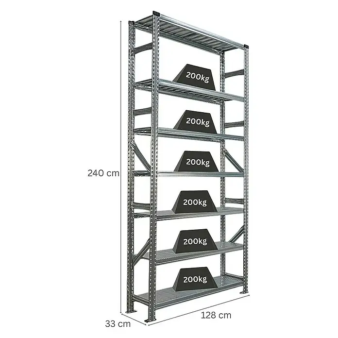 Proregal Metallregal Fachbodenregal PROXIMO Grundregal - H x B x T: 240 x 120 x 32 cm, Traglast pro Boden: 200 kg, Anzahl Böden: 7 Stk., Stecken, Verzinkt - Schwerlastregal aus Metall mit sechs Regalböden, belastet mit Gewichten, in Grau.