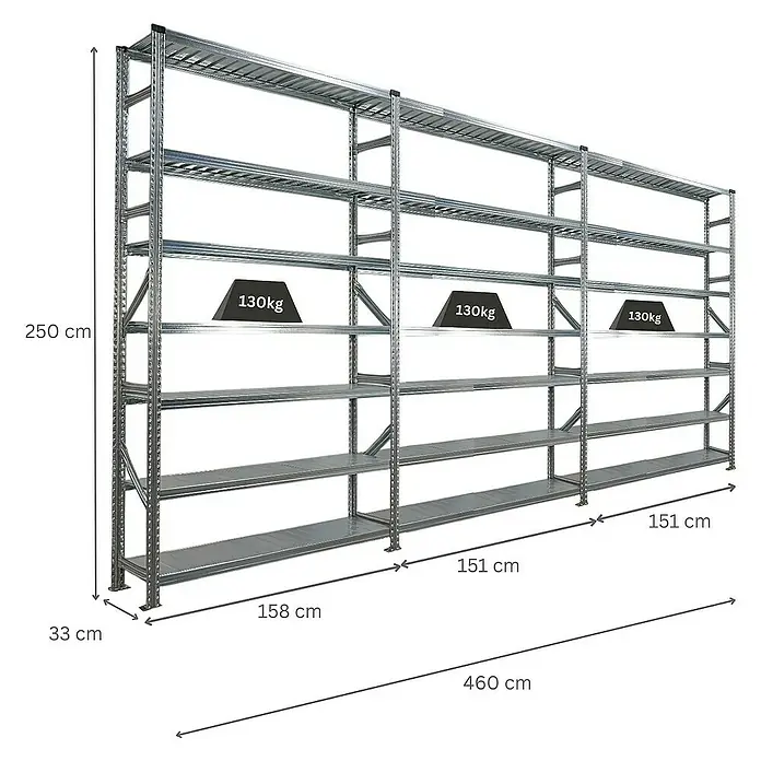 Proregal Metallregal Fachbodenregal PROXIMO 1x Grundregal + 2x Anbauregal - Traglast pro Boden: 200 kg, Anzahl Böden: 7 Stk., Stecken, Verzinkt - Ansicht eines robusten Schwerlastregals mit mehreren Ebenen und Gewichtsangaben für den professionellen Einsatz.