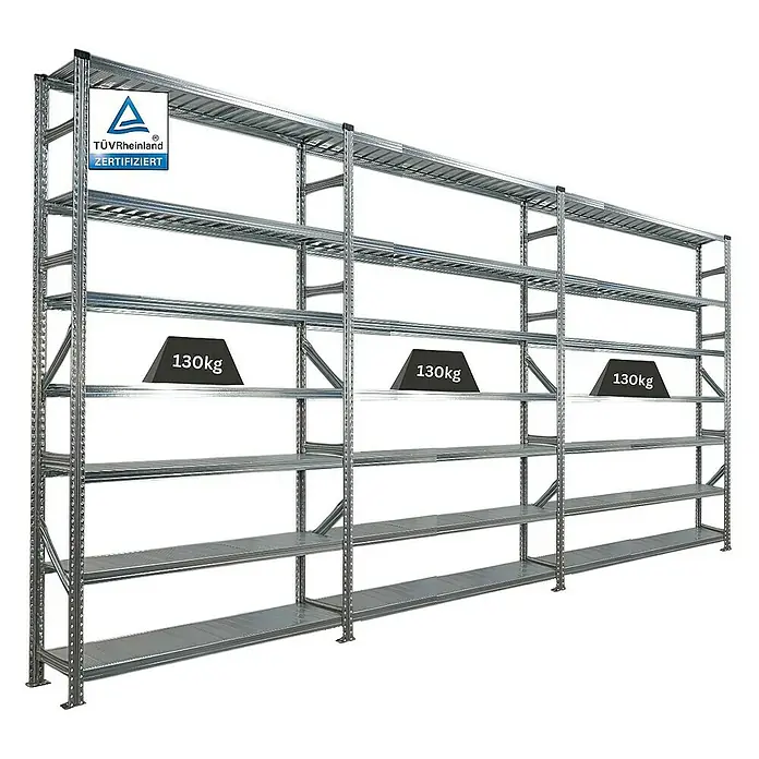 Proregal Metallregal Fachbodenregal PROXIMO 1x Grundregal + 2x Anbauregal - Traglast pro Boden: 200 kg, Anzahl Böden: 7 Stk., Stecken, Verzinkt - Ein robustes Schwerlastregal aus Metall, ideal für Lagerung, mit TÜV Rheinland Zertifikat, belastbar mit 130 kg pro Fach.