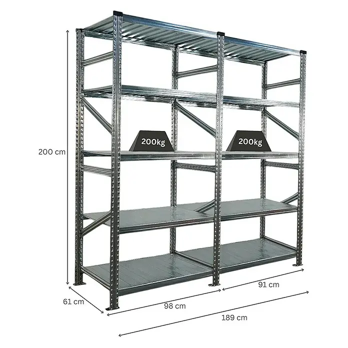 Proregal Metallregal Fachbodenregal PROXIMO 1x Grundregal + 1x Anbauregal - Traglast pro Boden: 200 kg, Anzahl Böden: 5 Stk., Stecken, Verzinkt - Ein robustes Schwerlastregal mit mehreren Ebenen, ideal für Lagerung und Organisation mit hoher Traglast.