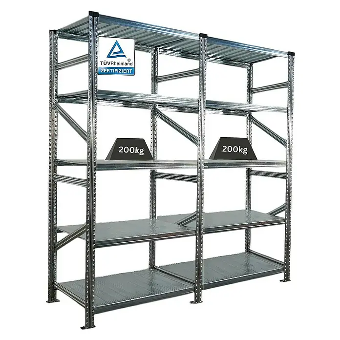 Proregal Metallregal Fachbodenregal PROXIMO 1x Grundregal + 1x Anbauregal - Traglast pro Boden: 200 kg, Anzahl Böden: 5 Stk., Stecken, Verzinkt - Regalsystem mit verzinkten Metallregalen, belastbar bis 200 kg pro Fach, zertifiziert für hohe Qualitätsstandards.