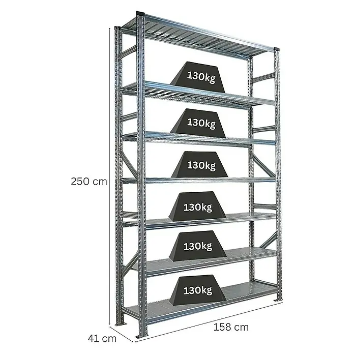 Proregal Metallregal Fachbodenregal PROXIMO Grundregal - Traglast pro Boden: 200 kg, Anzahl Böden: 7 Stk., Stecken, Verzinkt - Bild eines Metallregals mit sechs Fächern, die jeweils mit Gewichten von 130 kg belastet sind. Das Regal ist 250 cm hoch und 158 cm breit.