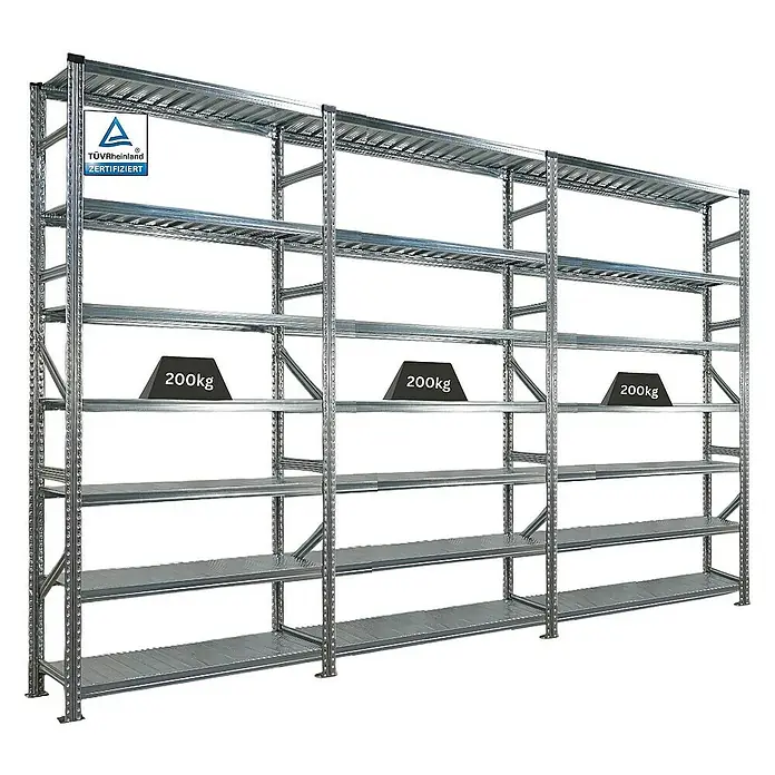 Proregal Metallregal Fachbodenregal PROXIMO 1x Grundregal + 2x Anbauregal - H x B x T: 240 x 120 x 50 cm, Traglast pro Boden: 200 kg, Anzahl Böden: 7 Stk., Stecken, Verzinkt - Regal-System mit mehreren Ebenen, das mit jeweils 200 kg belastbar ist. TÜV-Rheinland zertifiziert.