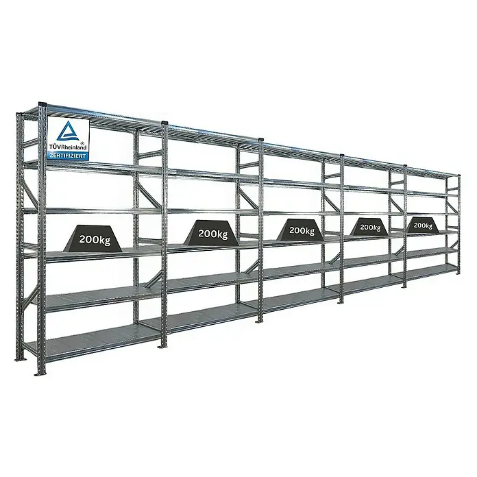 Proregal Metallregal Fachbodenregal PROXIMO 1x Grundregal + 4x Anbauregal - Traglast pro Boden: 200 kg, Anzahl Böden: 6 Stk., Stecken, Verzinkt - Regalsystem mit mehreren Ebenen, belastet mit 200 kg Gewichten, TÜV Rheinland zertifiziert.