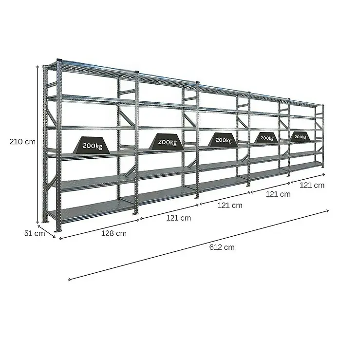 Proregal Metallregal Fachbodenregal PROXIMO 1x Grundregal + 4x Anbauregal - Traglast pro Boden: 200 kg, Anzahl Böden: 6 Stk., Stecken, Verzinkt - Abbildung eines langen, metallenen Schwerlastregals mit mehreren Ebenen und Gewichtsangaben zur Darstellung der Tragfähigkeit.