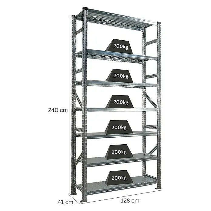 Proregal Metallregal Fachbodenregal PROXIMO Grundregal - H x B x T: 240 x 120 x 40 cm, Traglast pro Boden: 200 kg, Anzahl Böden: 7 Stk., Stecken, Verzinkt - Metallregal mit sechs Regalböden, jeweils mit 200kg Gewicht belastet. Das Regal ist 240cm hoch, 128cm breit und 41cm tief.