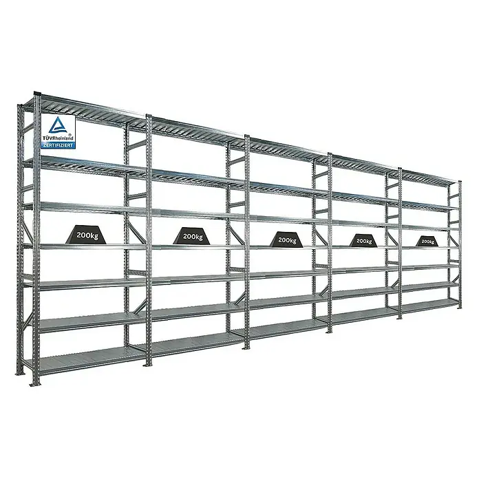 Proregal Metallregal Fachbodenregal PROXIMO 1x Grundregal + 4x Anbauregal - H x B x T: 240 x 120 x 40 cm, Traglast pro Boden: 200 kg, Anzahl Böden: 7 Stk., Stecken, Verzinkt - Metallregal mit TÜV-Zertifizierung und Tragkraftangabe. Das Regal ist stabil und für schwere Lasten geeignet.