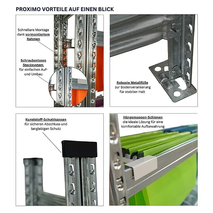 Proregal Registraturregal PROXIMO 1x Grundregal + 3x Anbauregal - H x B x T: 200 x 90 x 60 cm, Stecken, Verzinkt - PROXIMO Regalsystem Details: Vormontierter Rahmen, Stecksystem, Metallfüße, Schutzkappen und Hängemappen-Schienen für komfortable Aufbewahrung.
