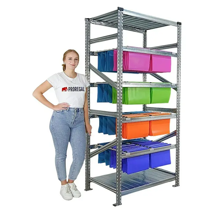 Proregal Registraturregal PROXIMO 1x Grundregal + 3x Anbauregal - H x B x T: 200 x 90 x 60 cm, Stecken, Verzinkt - Regal mit farbigen Hängeordnern und einer Frau, die daneben steht.