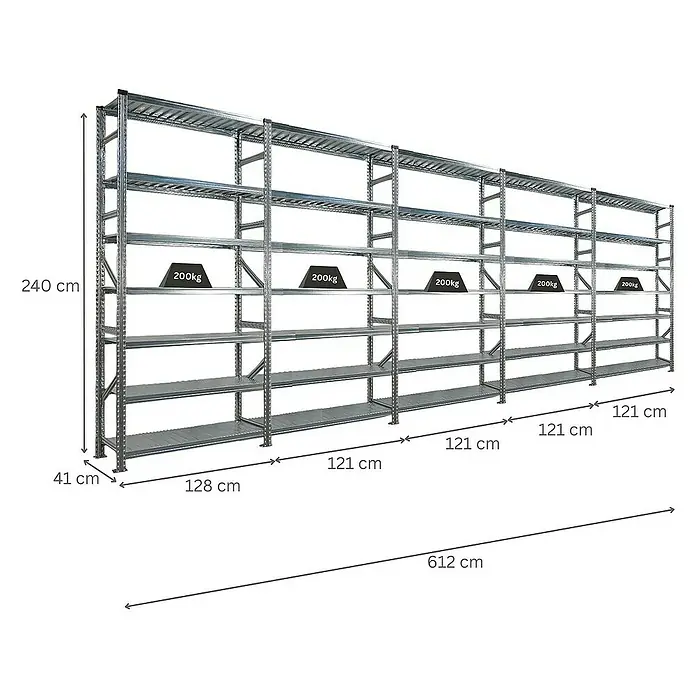 Proregal Metallregal Fachbodenregal PROXIMO 1x Grundregal + 4x Anbauregal - H x B x T: 240 x 120 x 40 cm, Traglast pro Boden: 200 kg, Anzahl Böden: 7 Stk., Stecken, Verzinkt - Ein langes, modulares Schwerlastregal mit mehreren Ebenen, das mit einer maximalen Tragkraft von 200 kg pro Regalboden ideal für Lagerzwecke ist.