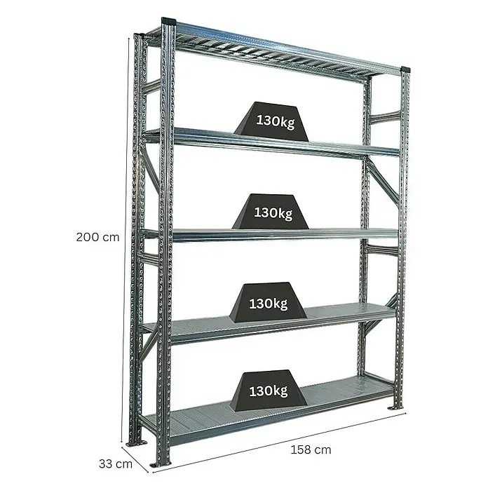 Proregal Metallregal Fachbodenregal PROXIMO Grundregal - Traglast pro Boden: 130 kg, Anzahl Böden: 5 Stk., Stecken, Verzinkt - Regal mit vier Ebenen, belastet mit je 130kg Gewichten. Die Abmessungen des Regals sind 200cm hoch, 158cm breit und 33cm tief.