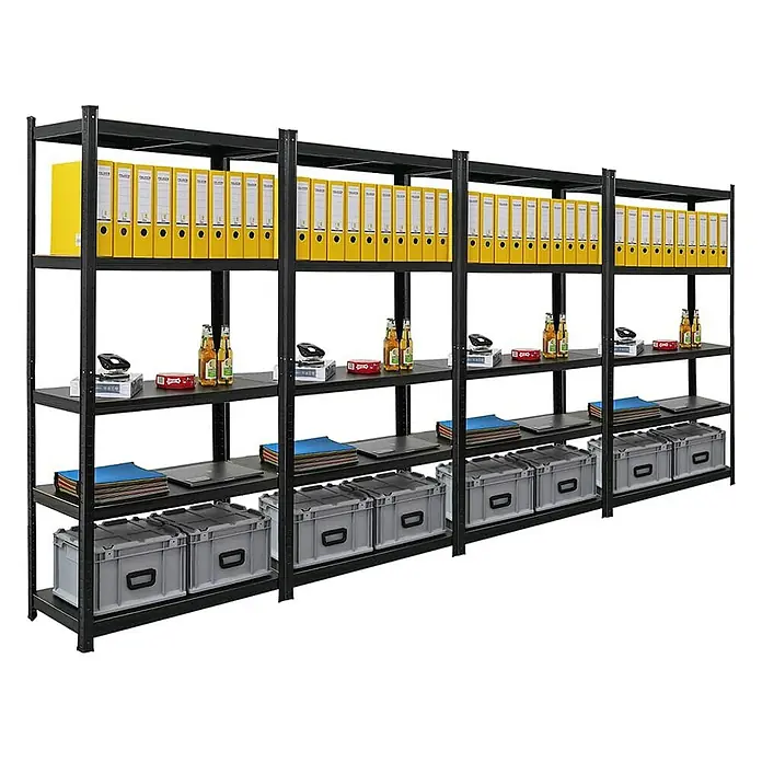 Proregal Metallregal Wohnregal Mega Deal Ragnar - H x B x T: 180 x 90 x 40 cm, Traglast pro Boden: 100 kg, Anzahl Böden: 4 Stk., Stecken, Schwarz - Bild eines Metallregals mit Bürobedarf, wie Ordnern und Kisten. Ideal für Lagerung und Organisation im Büro oder Lager.