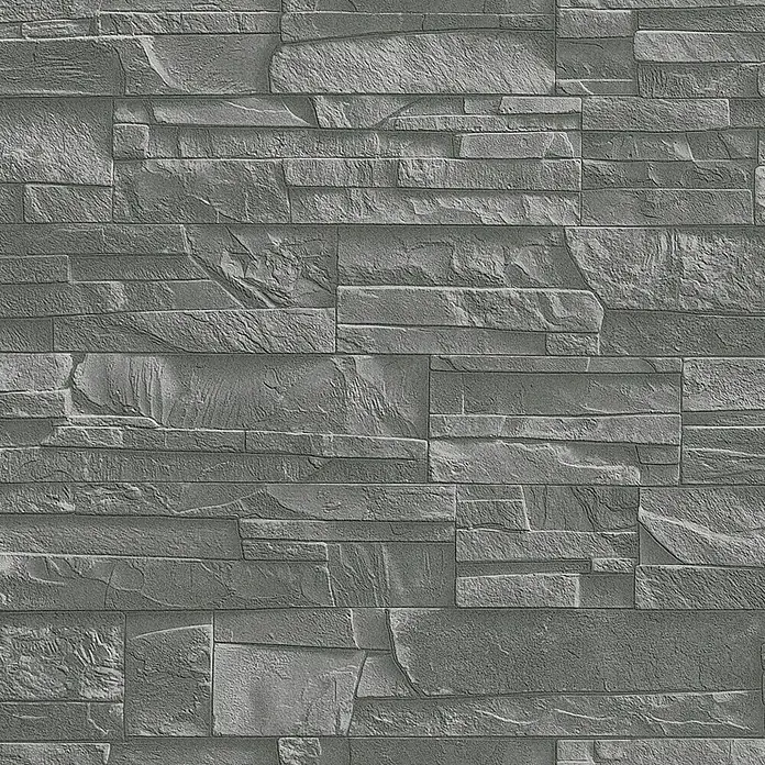 Rasch Vliestapete Steinoptik - Grau/Silber/Schwarz, 3D-Optik, 10,4 x 0,53 m - Graue Steintapete mit einem realistischen 3D-Effekt, der die Textur von Naturstein nachbildet und eine rustikale Atmosphäre schafft.