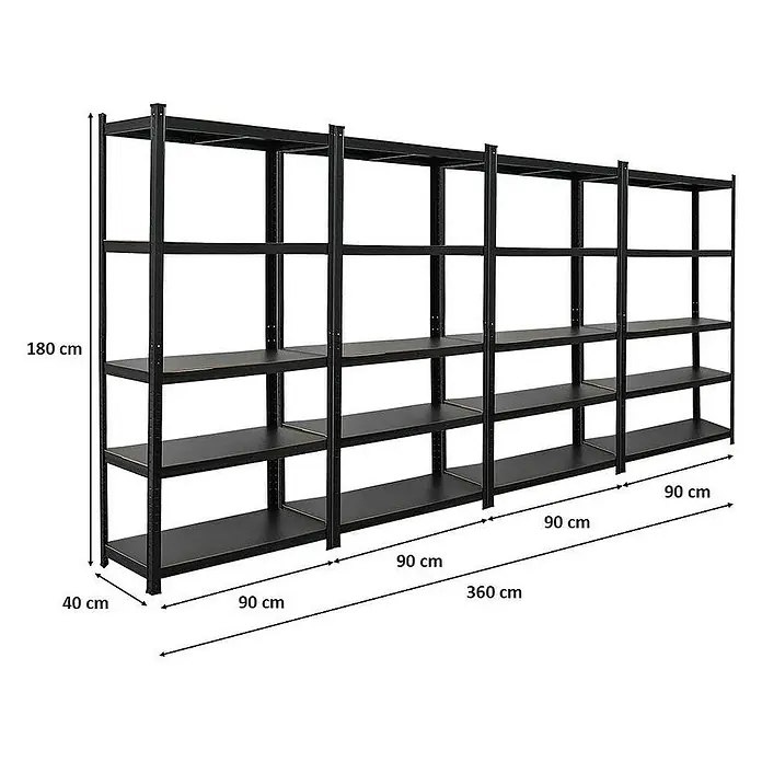 Proregal Metallregal Wohnregal Mega Deal Ragnar - H x B x T: 180 x 90 x 40 cm, Traglast pro Boden: 100 kg, Anzahl Böden: 4 Stk., Stecken, Schwarz - Abbildung eines schwarzen Metallregals mit fünf Ebenen und Maßangaben. Ideal für Lagerung mit den Maßen 180 x 360 x 40 cm.
