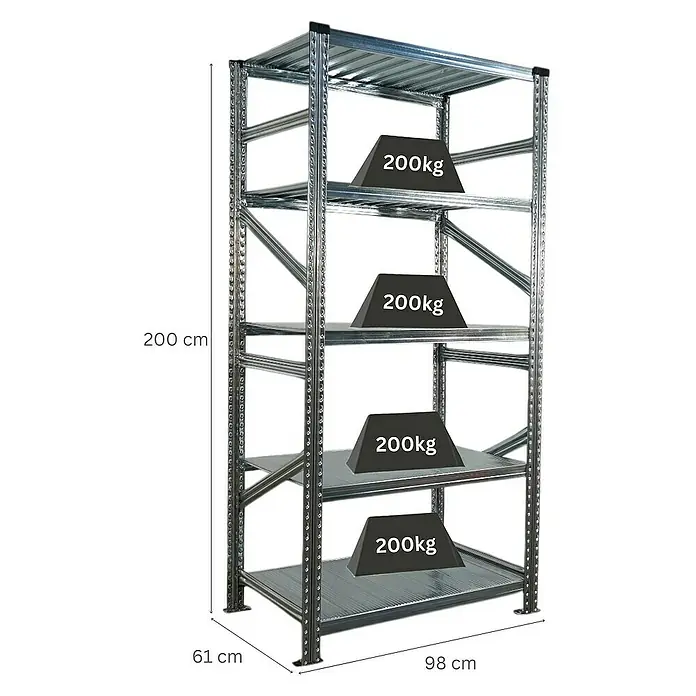 Proregal Metallregal Fachbodenregal PROXIMO Grundregal - Traglast pro Boden: 200 kg, Anzahl Böden: 5 Stk., Stecken, Verzinkt - Ein graues Metallregal mit vier Ebenen, die jeweils mit Gewichten von 200 kg belastet sind, illustriert die Tragfähigkeit des Regals.