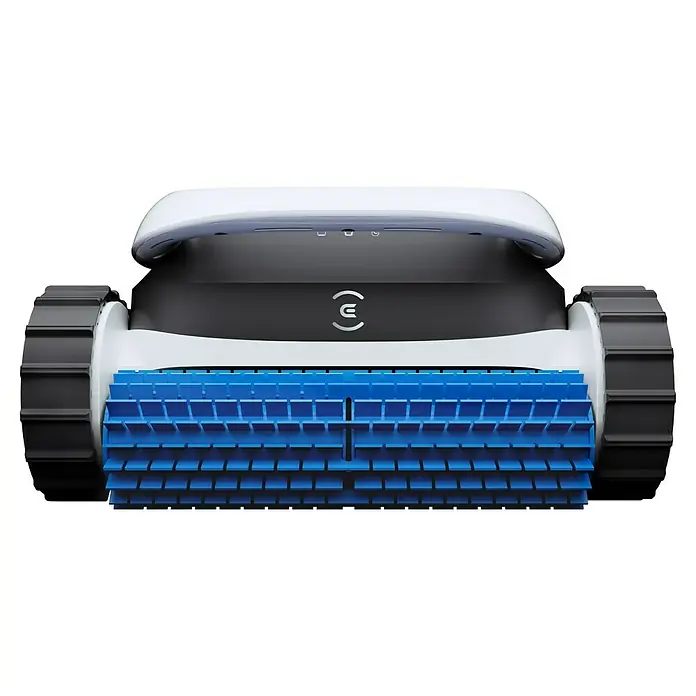 Ecovacs Poolroboter Ultramarine P1 - Akkubetrieben, Passend für: Pools bis 180 m² Grundfläche, Filterleistung: 18.200 l/h - Nahaufnahme eines Poolreinigungsroboters mit Raupenantrieb und blauen Bürsten, der für eine gründliche Reinigung sorgt.