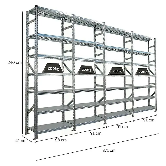 Proregal Metallregal Fachbodenregal PROXIMO 1x Grundregal + 3x Anbauregal - H x B x T: 240 x 90 x 40 cm, Traglast pro Boden: 200 kg, Anzahl Böden: 7 Stk., Stecken, Verzinkt - Ansicht eines grauen, modularen Schwerlastregals mit mehreren Ebenen, gekennzeichnet mit Gewichtsangaben und Abmessungen.