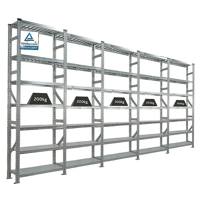 Proregal Metallregal Fachbodenregal PROXIMO 1x Grundregal + 4x Anbauregal - Traglast pro Boden: 200 kg, Anzahl Böden: 7 Stk., Stecken, Verzinkt - Schwerlastregal mit mehreren Ebenen und der Aufschrift "200kg" auf einigen der Regale.