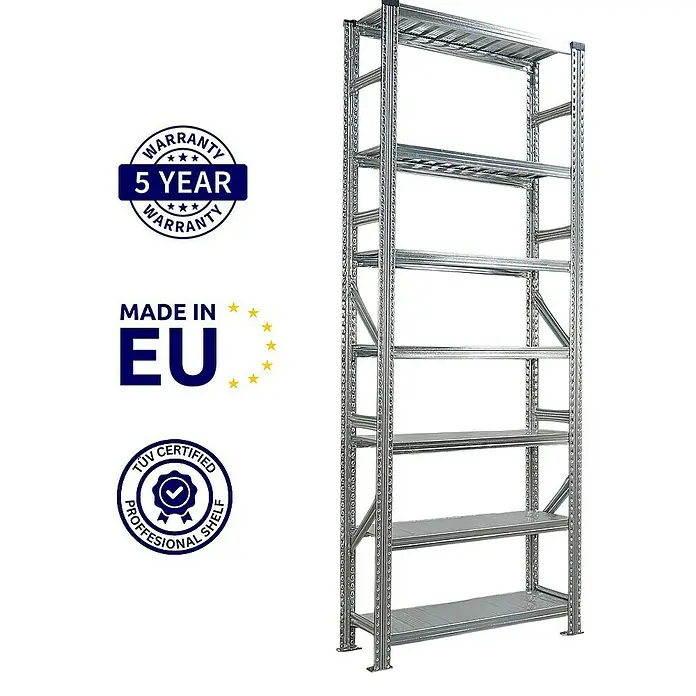 Proregal Metallregal Fachbodenregal PROXIMO 1x Grundregal + 4x Anbauregal - Traglast pro Boden: 200 kg, Anzahl Böden: 7 Stk., Stecken, Verzinkt - Abbildung eines robusten, verzinkten Metallregals mit sechs Regalböden, ideal für Lagerung und Organisation.