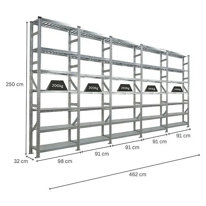 Proregal Metallregal Fachbodenregal PROXIMO 1x Grundregal + 4x Anbauregal - Traglast pro Boden: 200 kg, Anzahl Böden: 7 Stk., Stecken, Verzinkt - Darstellung eines Regalsystems mit mehreren Ebenen, das durch Maße und Gewichtsangaben ergänzt wird, um seine Kapazität zu verdeutlichen.