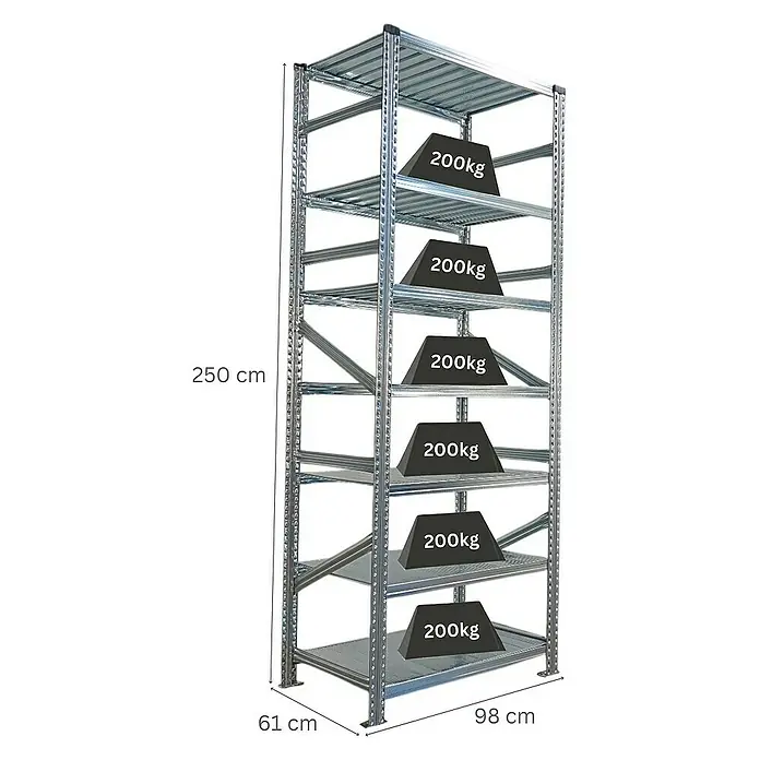 Proregal Metallregal Fachbodenregal PROXIMO Grundregal - Traglast pro Boden: 200 kg, Anzahl Böden: 7 Stk., Stecken, Verzinkt - Metallregal mit sechs Fächern, auf denen je ein Gewicht von 200 kg liegt. Höhe: 250 cm, Breite: 98 cm, Tiefe: 61 cm.